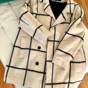 Vintage Alorna Greg Adams Cream Black Windowpane Double-Breasted Coat LARGE